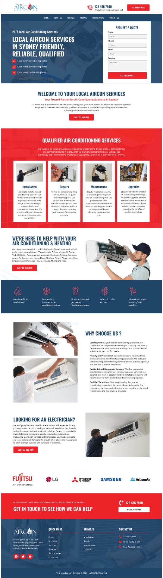 Air conditioning services landing page example for Sydney
