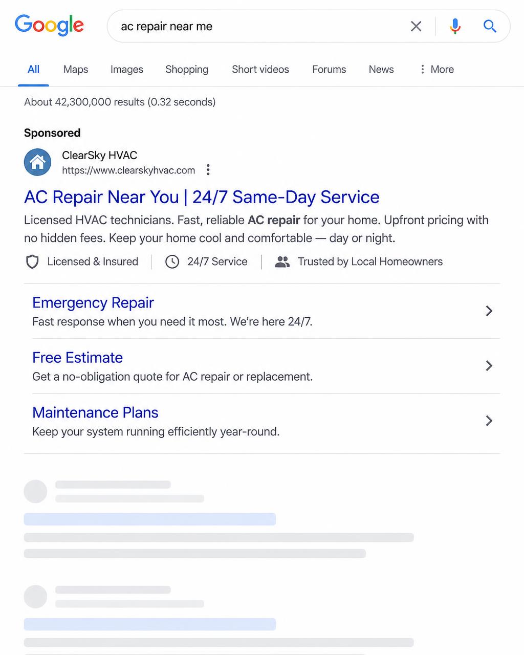 Google search ad example for same-day AC repair with sitelinks for emergency repair, free estimate, and maintenance plans