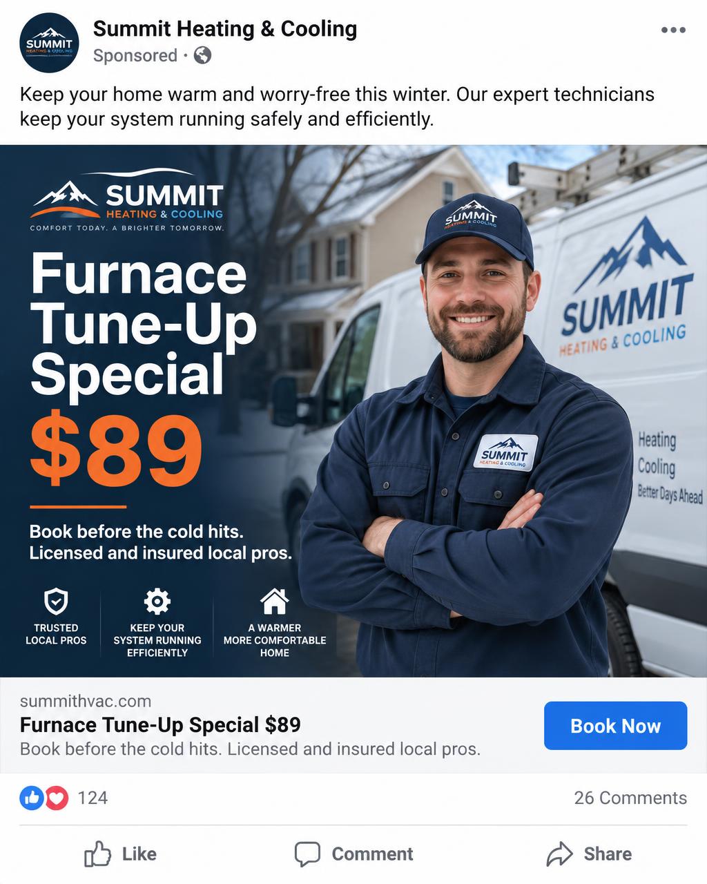 Facebook ad example promoting a seasonal furnace tune-up special with a Book Now call to action