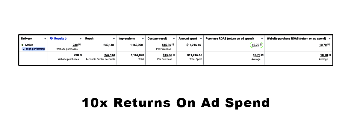 10x return on ad spend, real account data