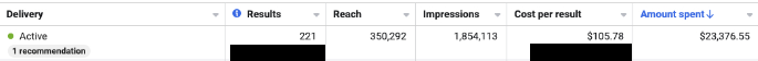 Meta Ads Manager results, cost figures redacted, structure visible